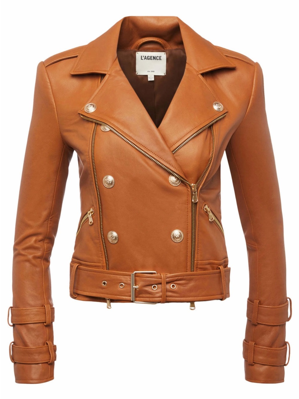 L'AGENCE Small Billie Cognac Leather Belted Double-Breasted Jacket